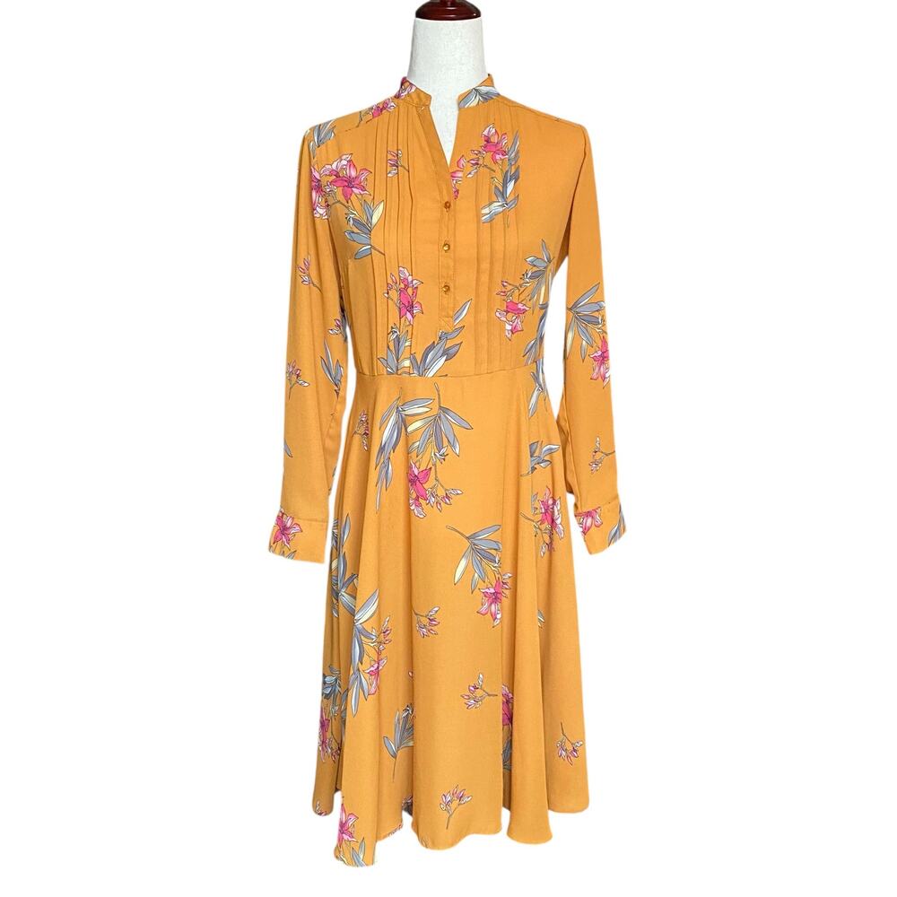 Nanette Lepore Long Sleeve Yellow Floral A Line Fit Flare Dress Womens 2 Casual